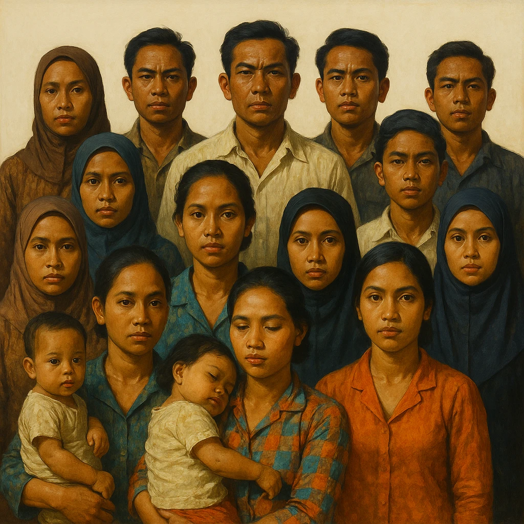 Сгенерируй мне группу людей которая стоит и смотрим прямо, только все они будут индонезийцы из 20 века, в стиле реалистичной живописи, ярко. На однородном белом фоне. У некоторых девушек на руках ребенок, и некоторые девушке в платке мусульманском . КОЖА ОБЯЗАТЕЛЬНО СМУГЛАЯ а волосы у всех черные emoji