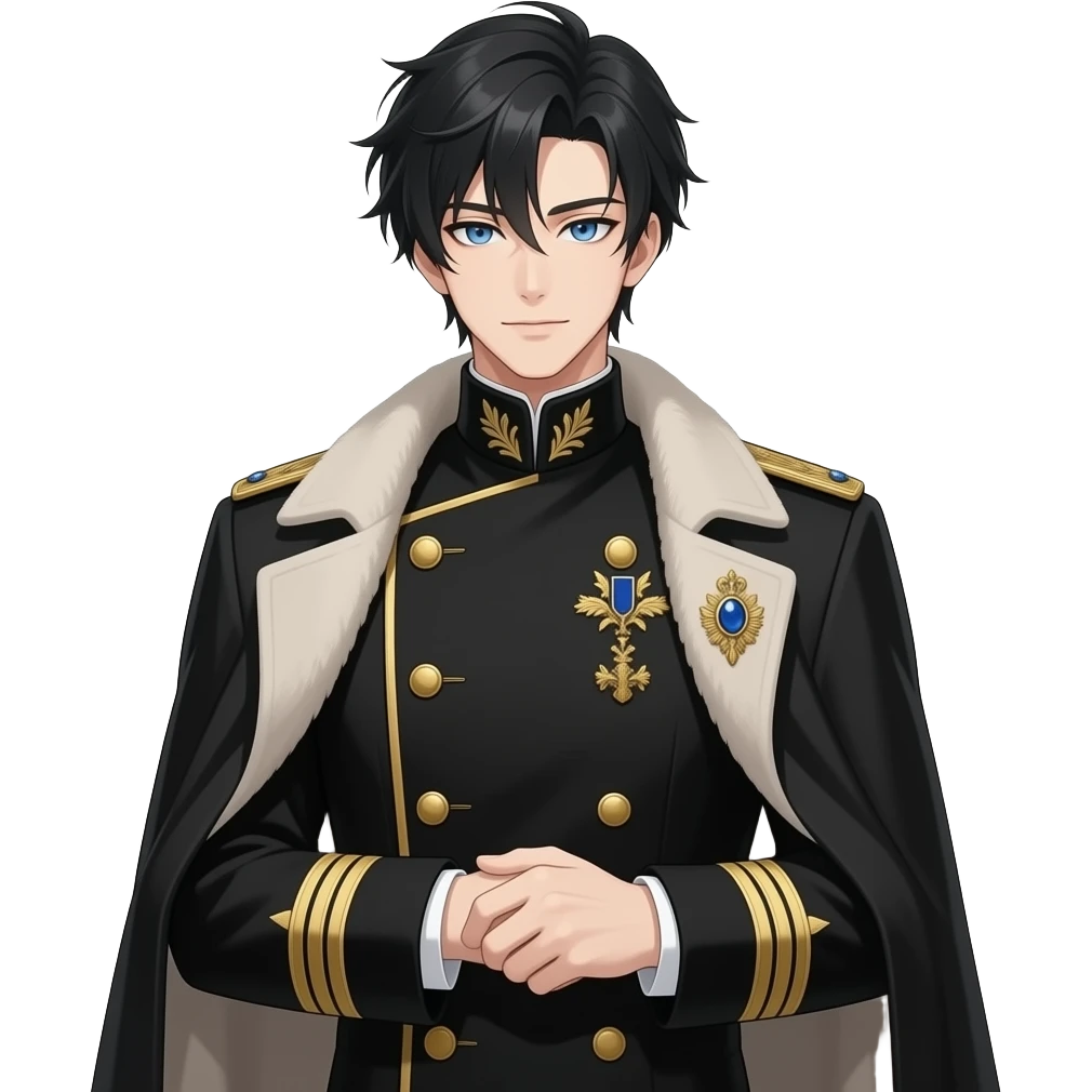 handsome muscular anime noble , jet black layered hair, piercing oceanblue eyes, pale skin, sharp aristocratic features, wearing black navy high-collared military-style uniform with gold embroidery, gold-trimmed cuffs, gold-trimmed cuffs, gold epaulette with blue gemstone brooch & wool-collared coat emoji