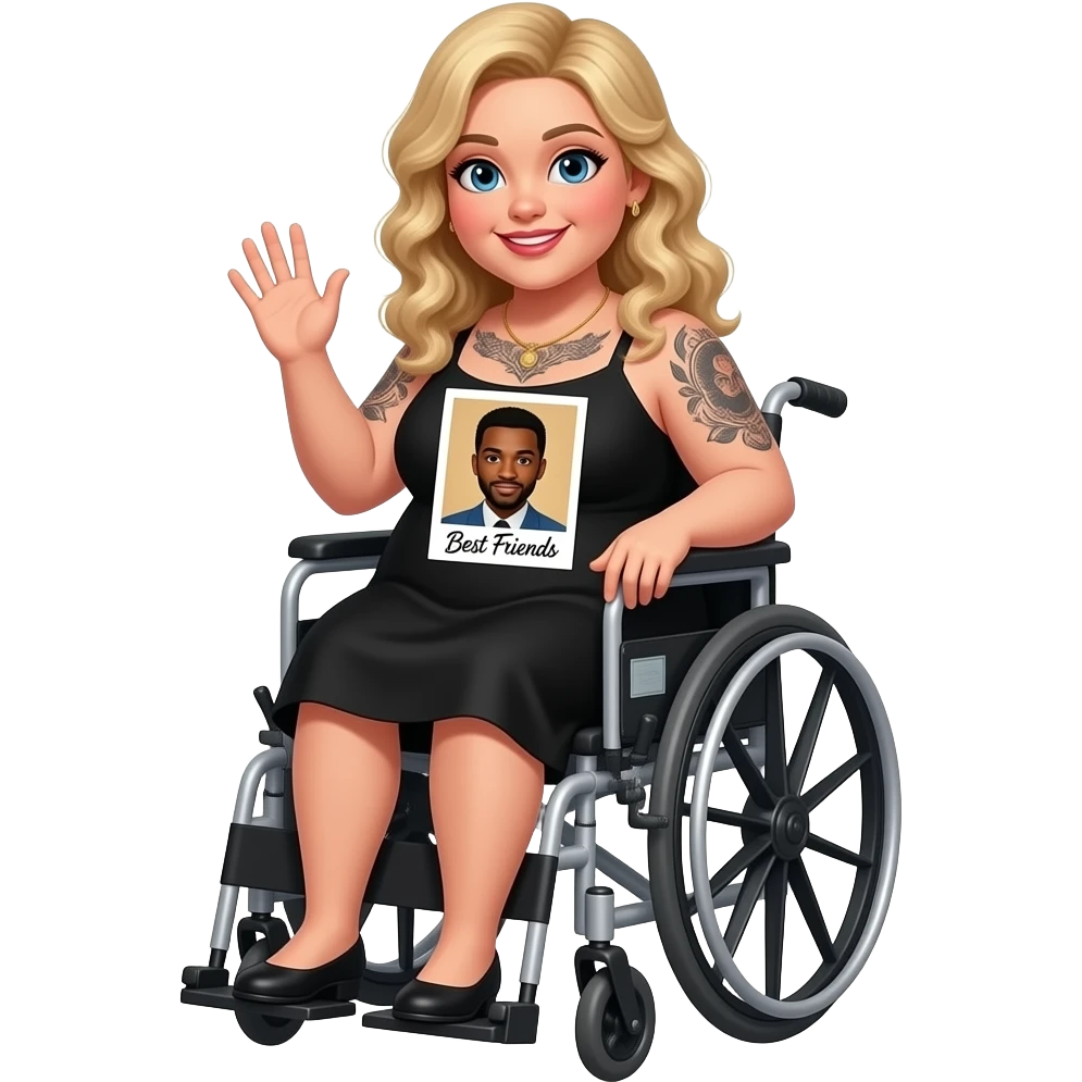 Plus size women waving in wheelchair Blonde curly hair blue eyes black tattoos a black summer dress with a Polaroid photo on dress of African American man black hair brown eyes no facial hair and herself saying “Best Friends” in cursive writing emoji