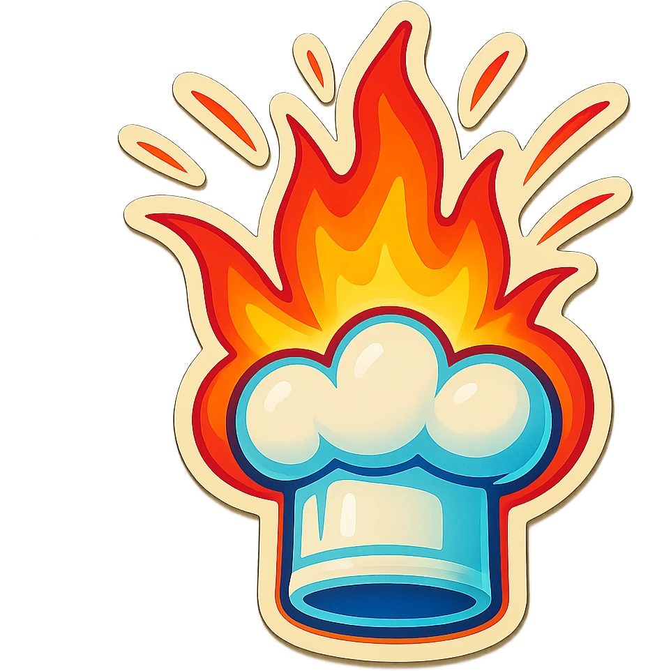 chef's hat explode with trails of fires, emoji, playful, flame red gradient, hat is pure white, vibrant, flame matching style reference file emoji