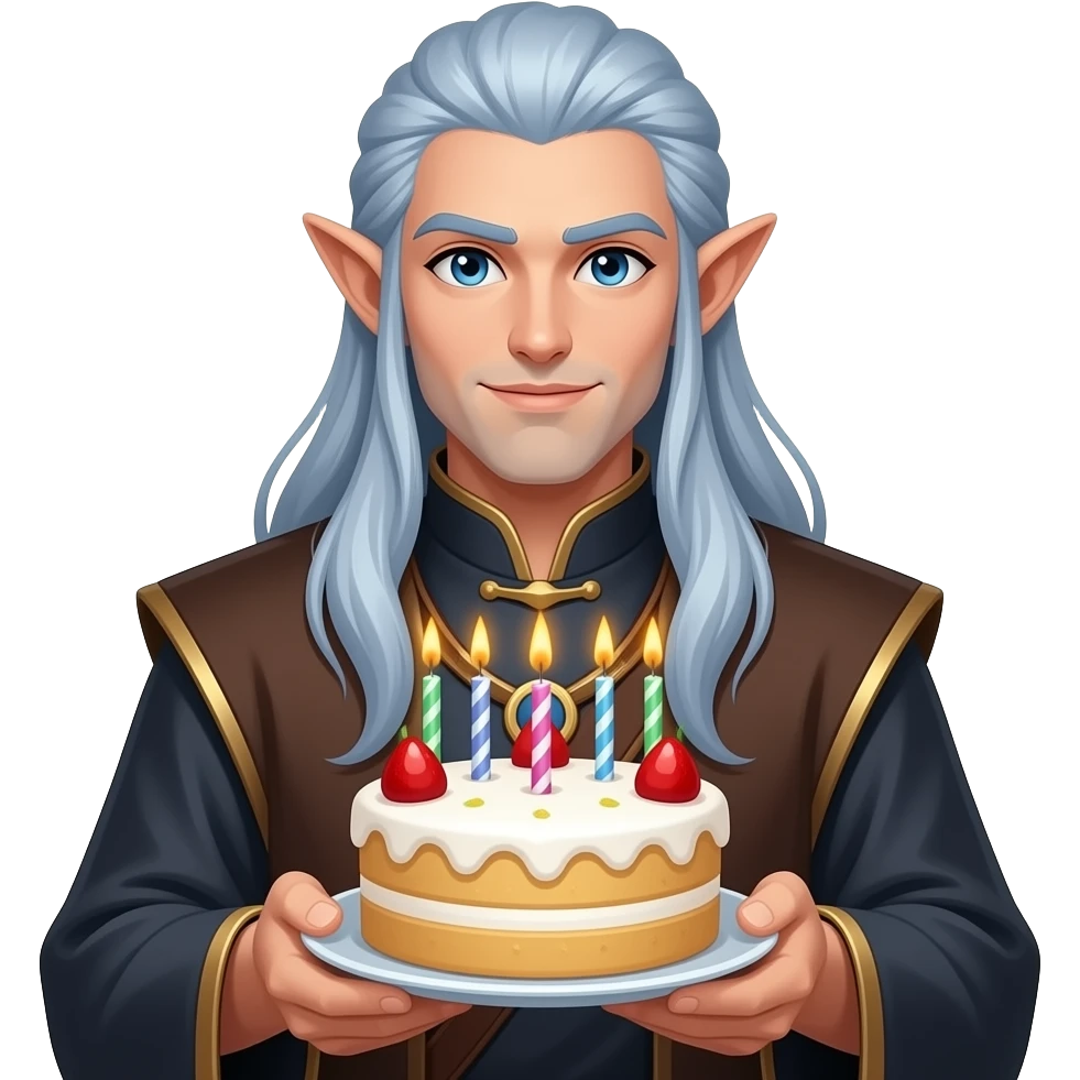 birthday celebration with male elf battle monk with long blue silver hair holding birthday cake emoji