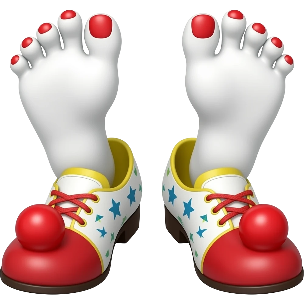 White toes with red toenails stick out of the tip of clown shoes emoji