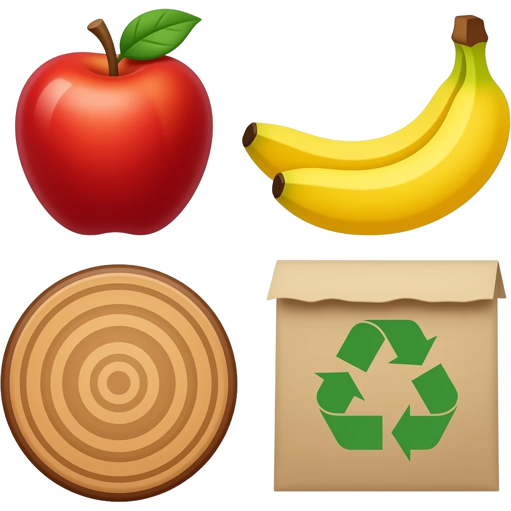 Apples, bananas, wood, and recycling paper emoji