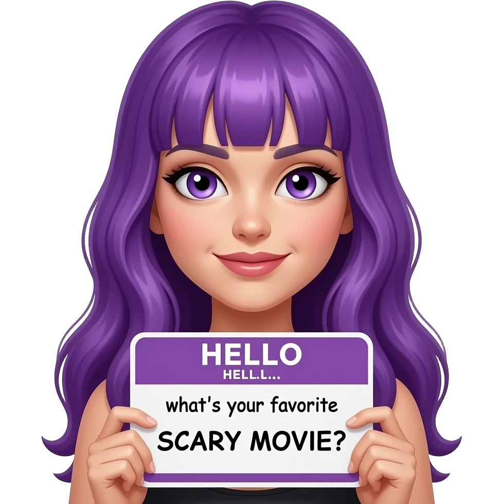 sexy girl with long purple hair and purple eyes holding a HELLO... what's your favorite SCARY MOVIE? sign emoji