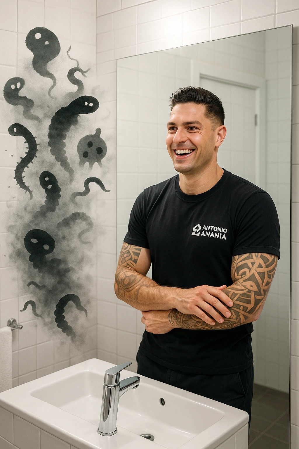 a man stands in a brightly lit bathroom, looking relieved and revitalized as he examines his reflection in the mirror. In the foreground, stylized, shadowy images of parasites (such as worms or protozoa) are shown leaving his body, dissolving into mist or fading away. His posture is upright and his expression is one of newfound energy and health. emoji