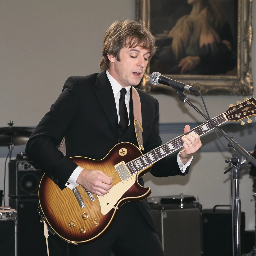 Paul McCartney playing guitar suit emoji