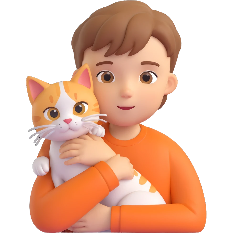 boy and cat pet in forrest background, close up pose emoji