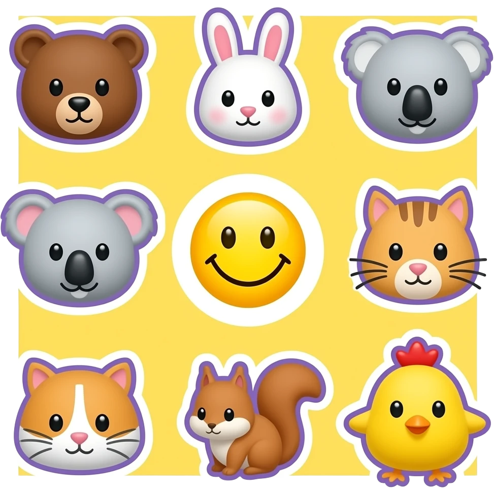 Smaller Yellow Smiley in the centre, circle,serrounded by the head only of these symbol 🐻🐰🐨🐈🐹🐿🐥, with bright yellow and background, light purple outline emoji