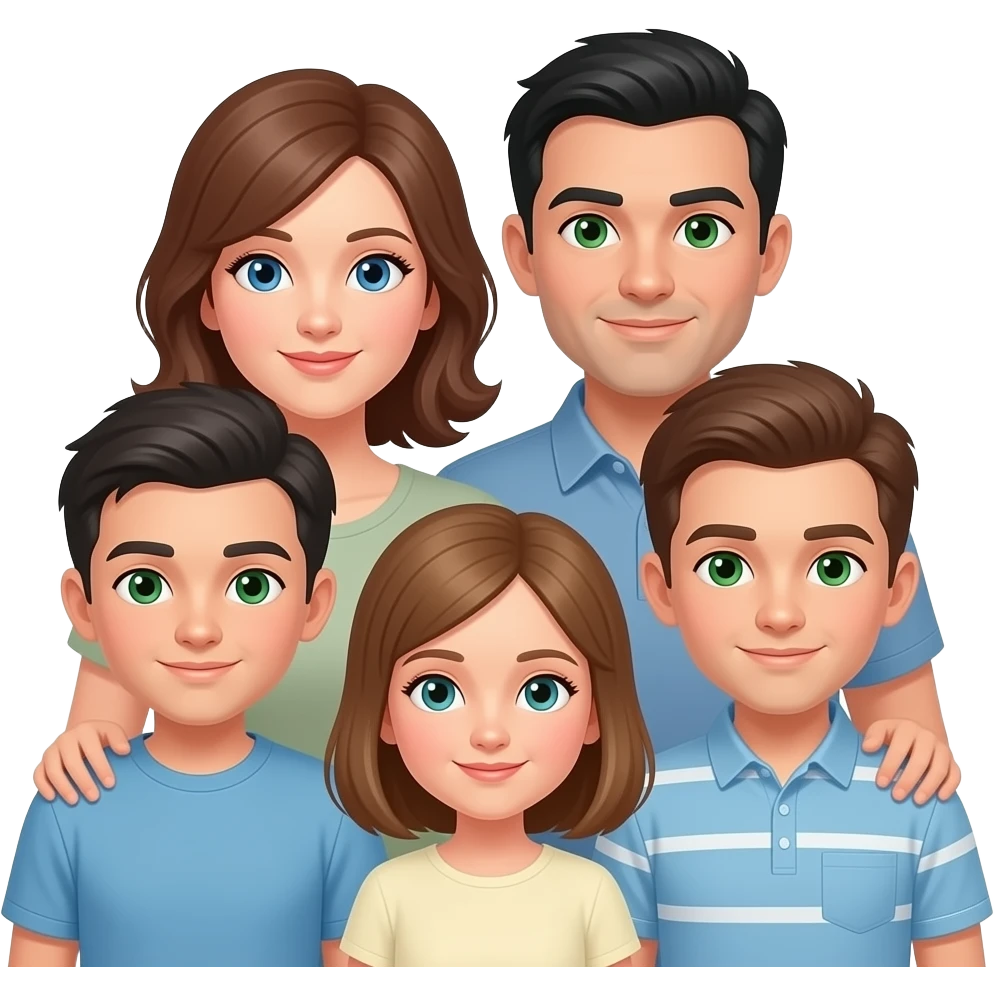 family of 6 white people (mother has blue eyes, all with brown hair other than father with black hair and green eyes) with 4 total kids! oldest brother is 30 green eyes, 2nd oldest brother is 20 green eyes, 3rd brother is 15 blue eyes, and daughter is 10 with light brown hair green eyes. emoji