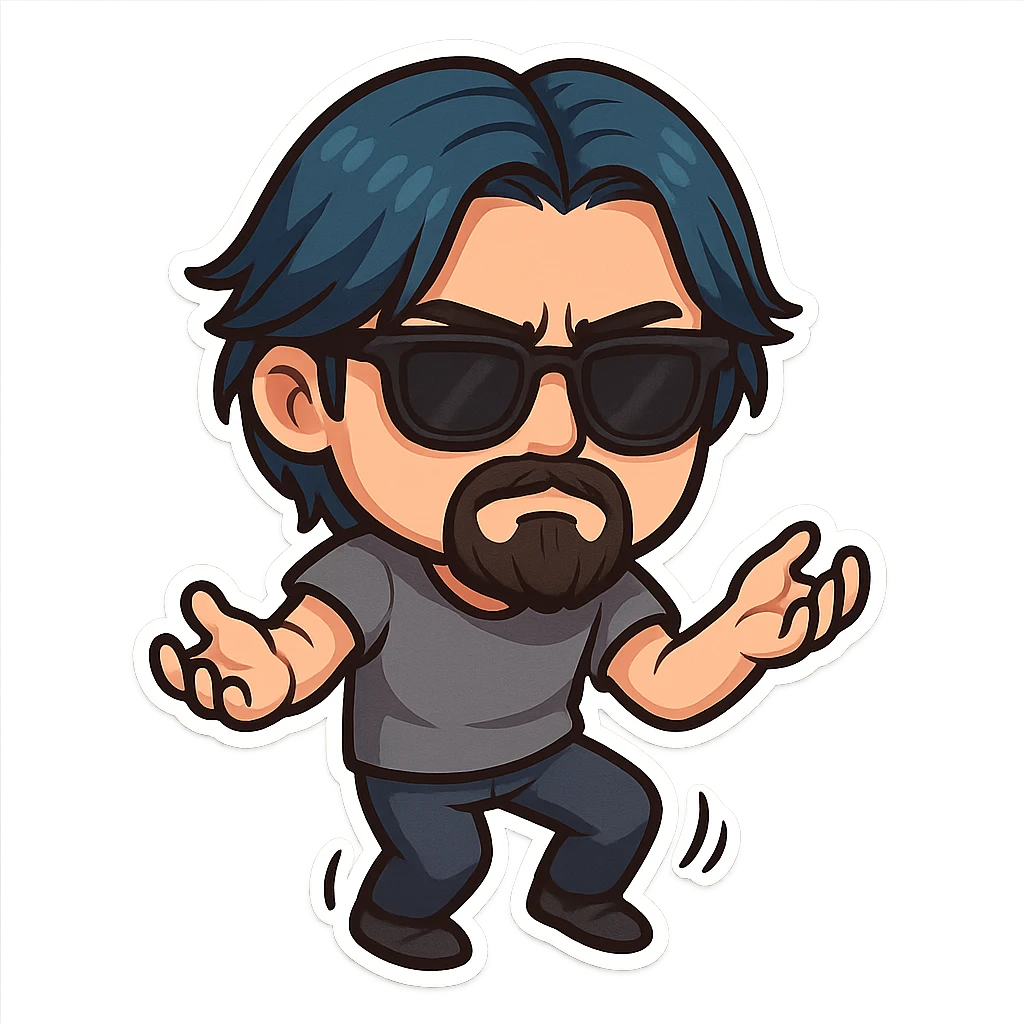 a dark brooding hipster with electric dark blue hair, surfer middle part, chin length hair, classic neat trimmed bushy goatee, black classic rayban shades, plain gray t-shirt, doing the gimmie dance, maniac dance, 1980's dance emoji