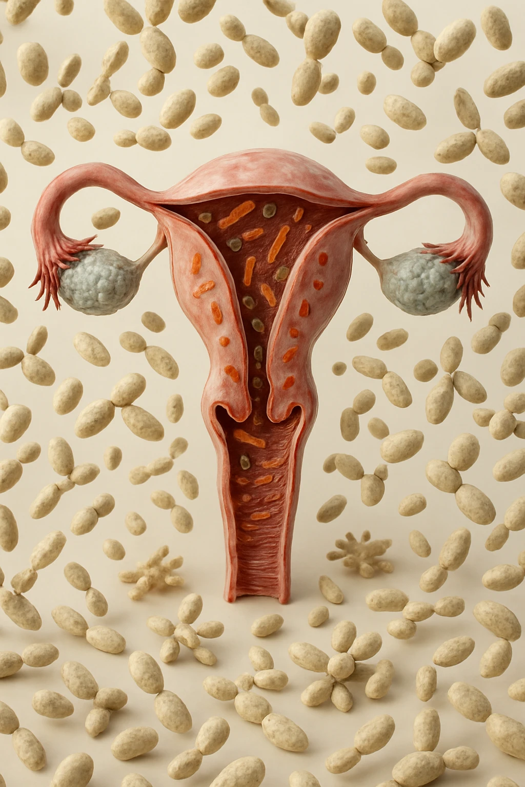utero umano realistico con batteri della candida intorno, la foto si deve vedere per intero in formato verticale, sullo sfondo neutro chiaro ci sono batteri della candida, iperrealistico 4k emoji