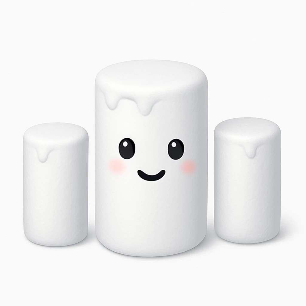 Make the few cylindrical marshmallows smaller, keep the style and background the same as in the reference images. emoji