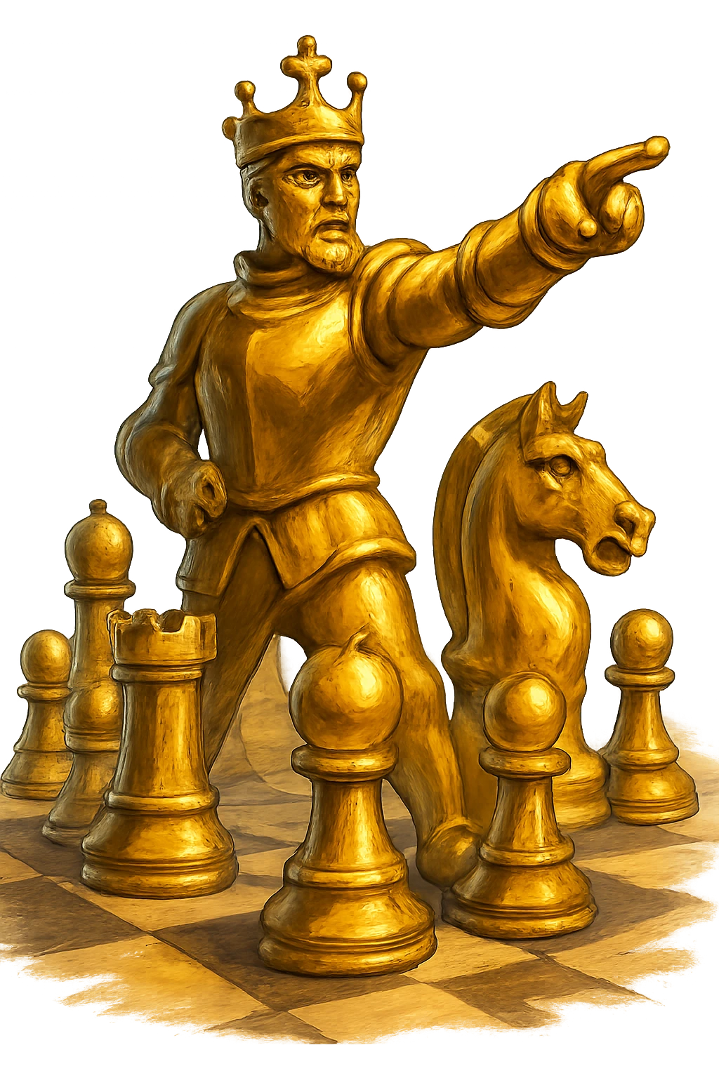 В cлегка рисованной, но при этом объемной, яркой и фотореалистичный стилистике сгенерируй картинку где по центру стоит шахматный король сделанный из качественного золота, он указывает пальцем в даль как военноначальник, а рядом фигуры пешек, конь, ладья, слон идут в атаку, на полу виднеется шахматная доска, фон позади фигур прозрачный фон emoji