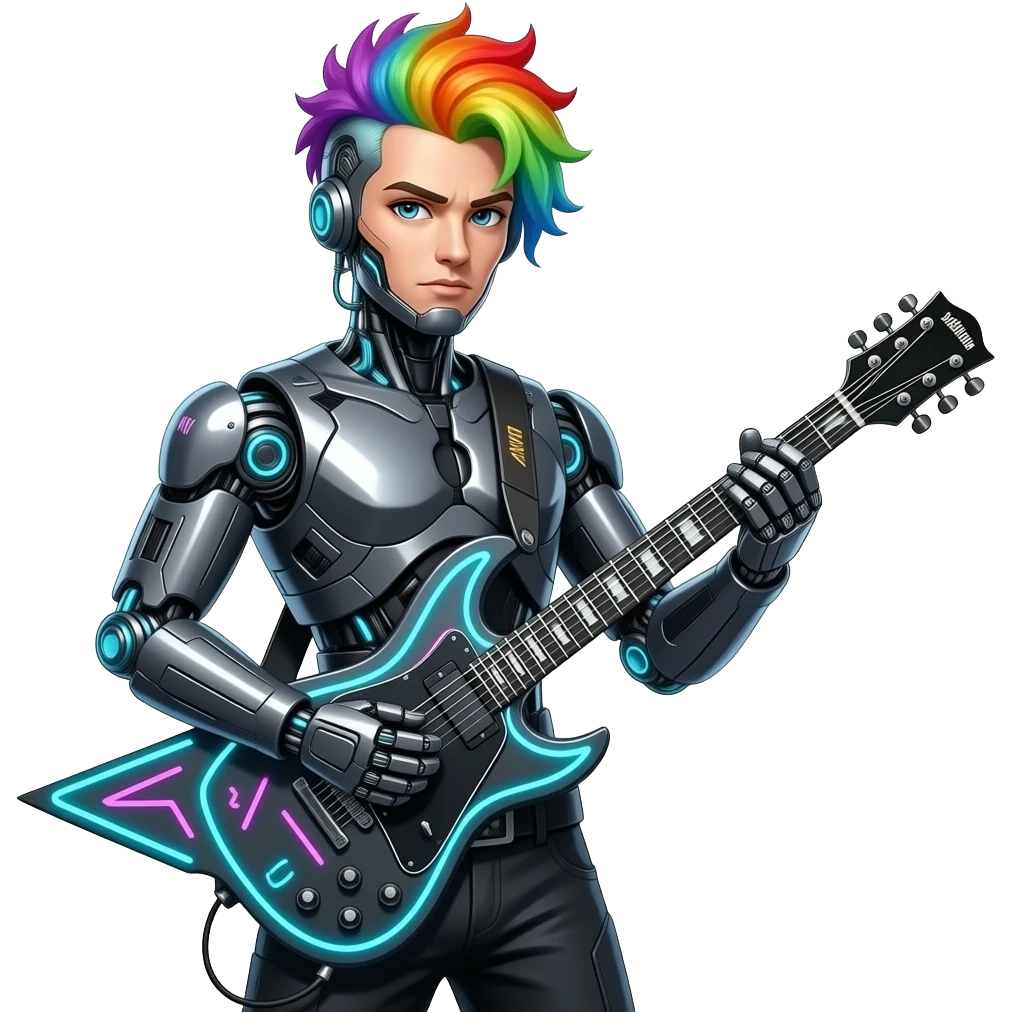 cyberpunk heavy metal rockstar robot, rainbow hair, led mechanical sci-fi electric guitar, close up bust size front facing emoji