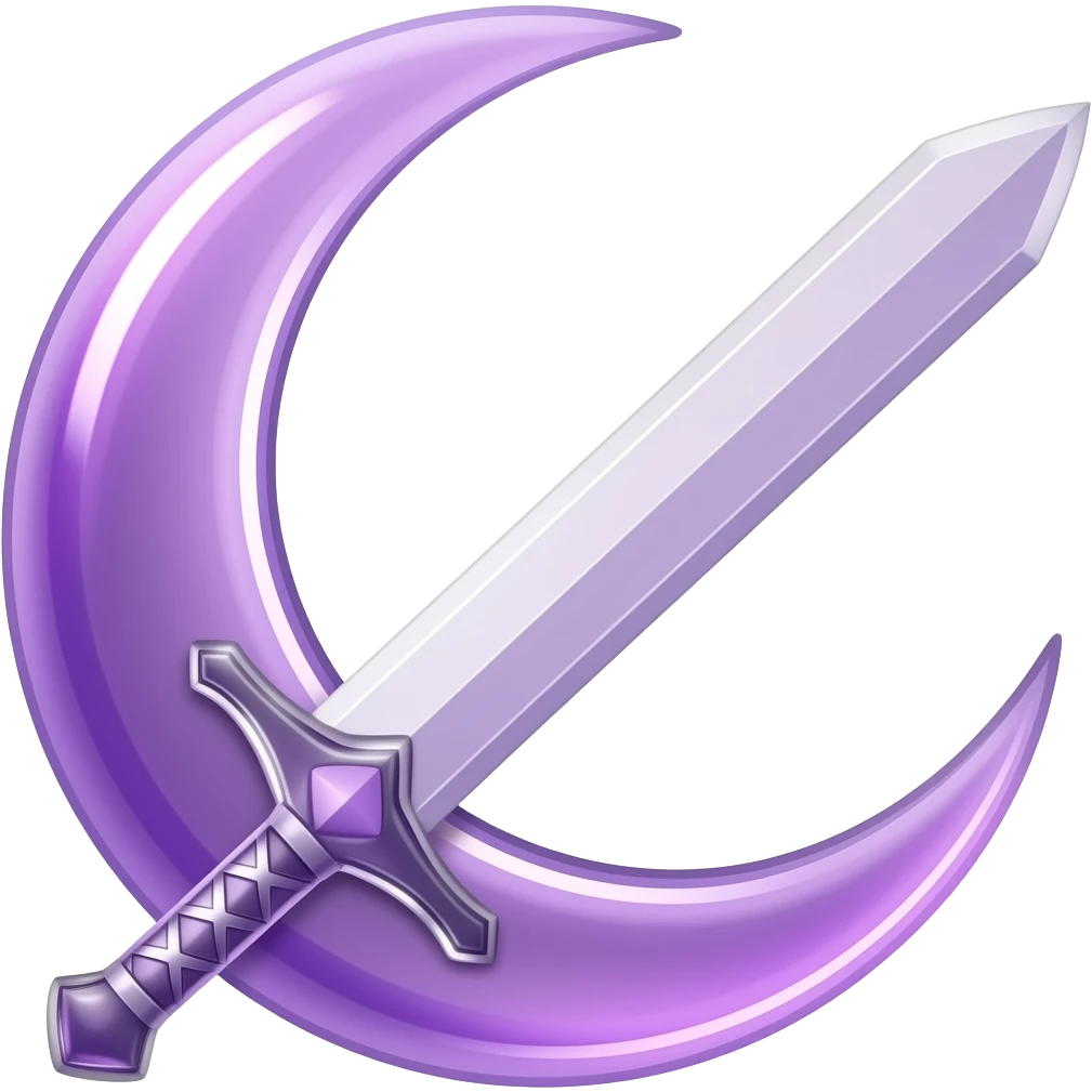 transparent dark purple detailed crescent moon with an elegant detailed glowing transparent sword, emoji style. The sword is positioned so that the blade points away from the moon and the hilt faces toward the moon (blade facing outward, not toward the moon). Soft violet and pink glow emoji