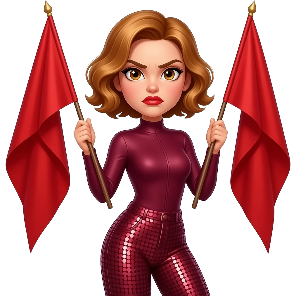 glamours,-tanned,-very-beautiful-woman-with-big-plump-red-lips,-long-lashes,-honey-silky-very short- hair,-wavy-hair,-hazel-eyes- wearing-Burgundy-Long-sleeved-bodysuit-Burgundy- sequinned-pants-Her-eyes-sparkle-and-she-is-frowning.-Hand-up-waving-two-giant-Red-Flag. emoji