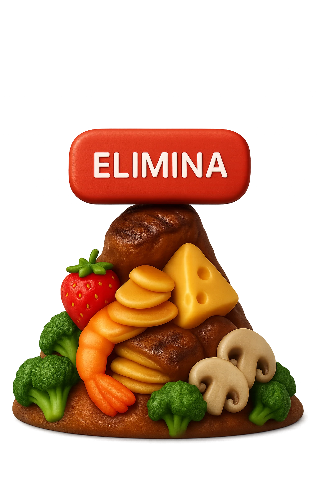 emoji stile iphone di montagna di cibo con tasto "ELIMINA" SOPRA , iperrealistico 4k, isolato su sfondo bianco emoji