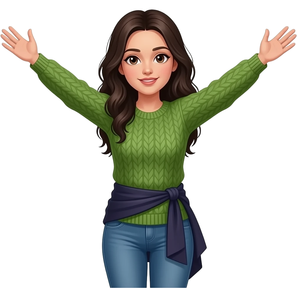 Dark haired woman with brown eyes being crucified in green sweater and jeans dark sash emoji