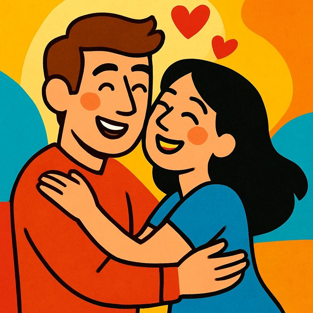white man with brown hair and white woman with black hair, in love emoji