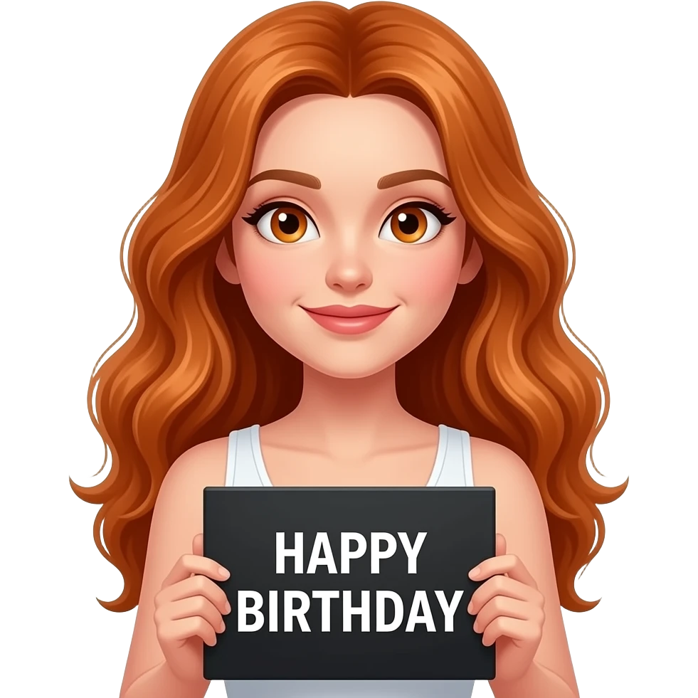 sexy girl with long wavy ginger hair and ginger eyes wearing a white tanktop is holding a black colored sign with HAPPY BIRTHDAY written on it emoji