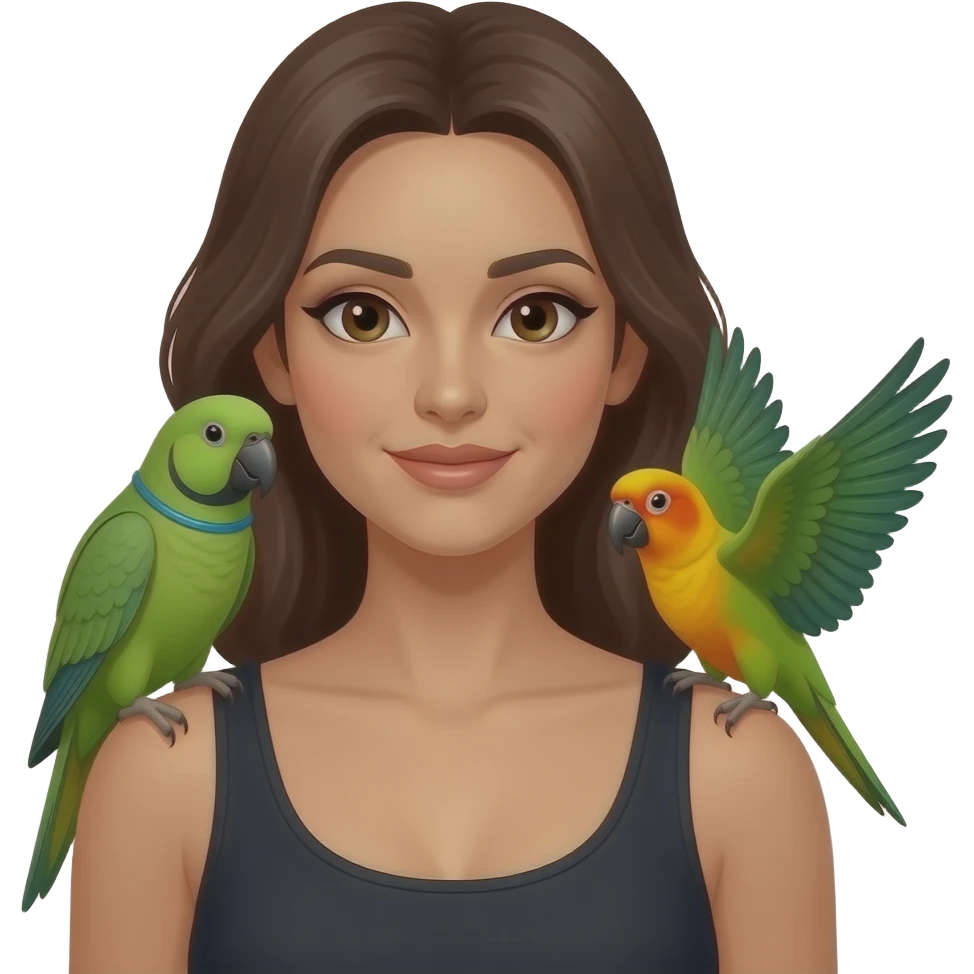green indian ring neck parrot on a brown haired womans shoulder with a sun conure parrot with all green wings on her other shoulder emoji