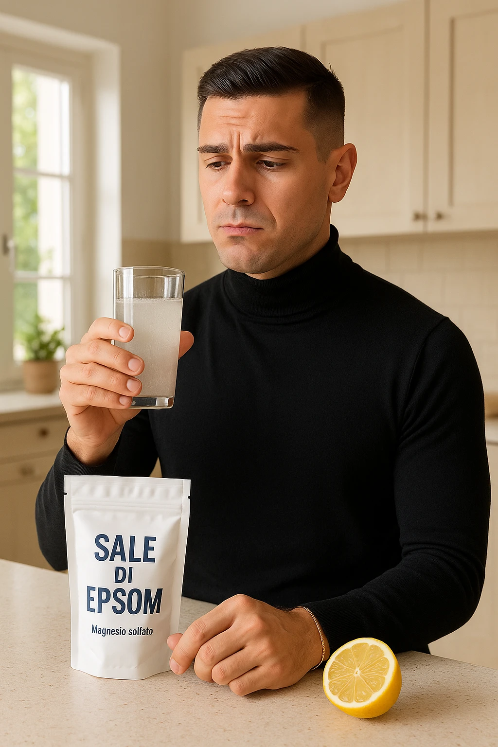 A realistic, bright photo-style image of a young man in his 30s standing in his kitchen, holding a clear glass filled with water in which Epsom salt (magnesium sulfate) has been dissolved. He looks focused but slightly uncertain as he prepares to drink it for a liver flush or digestive cleanse. The glass shows slight cloudiness from the dissolved salt. On the counter are a packet labeled 'Sale di Epsom' and a sliced lemon, suggesting he might use it to mask the taste. The setting is clean, natural, and bright with neutral tones. The background shows sunlight streaming through a window, emphasizing a clean, minimalist health-focused environment. The mood conveys a realistic, calm moment of self-care with a hint of discomfort, illustrating a natural detox practice in italiano emoji