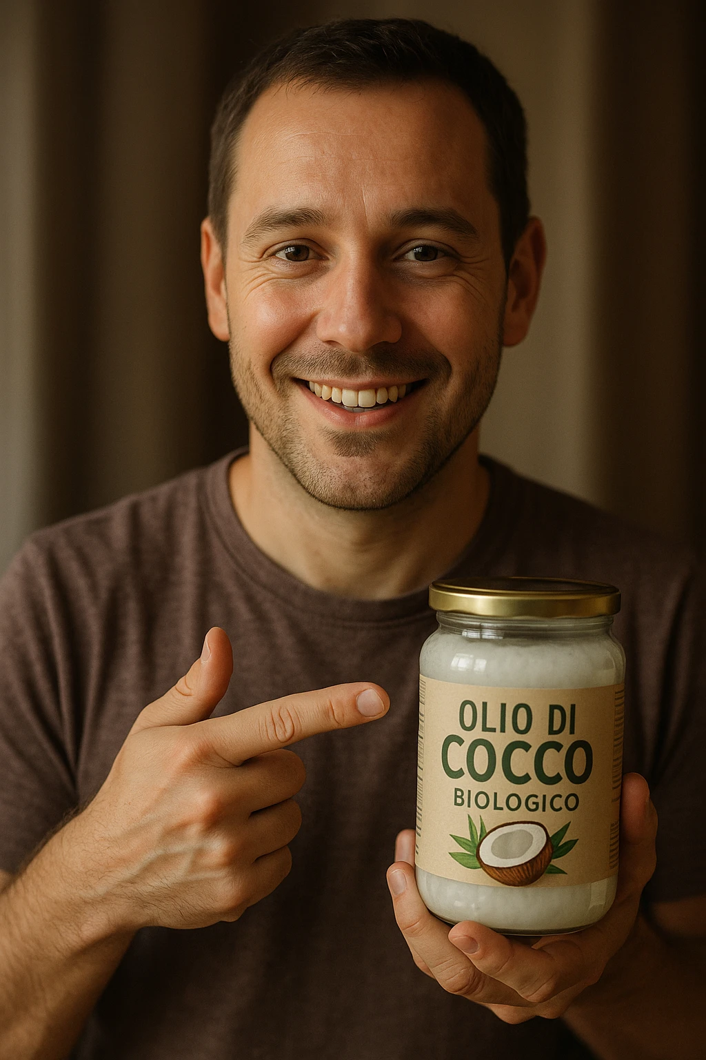 realistic and cinematic style portrait of a man pointing with satisfaction at a jar of organic coconut oil, face similar to reference photo, Italian label 'Olio di Cocco Biologico', vertical 2:3 aspect ratio, no other text emoji