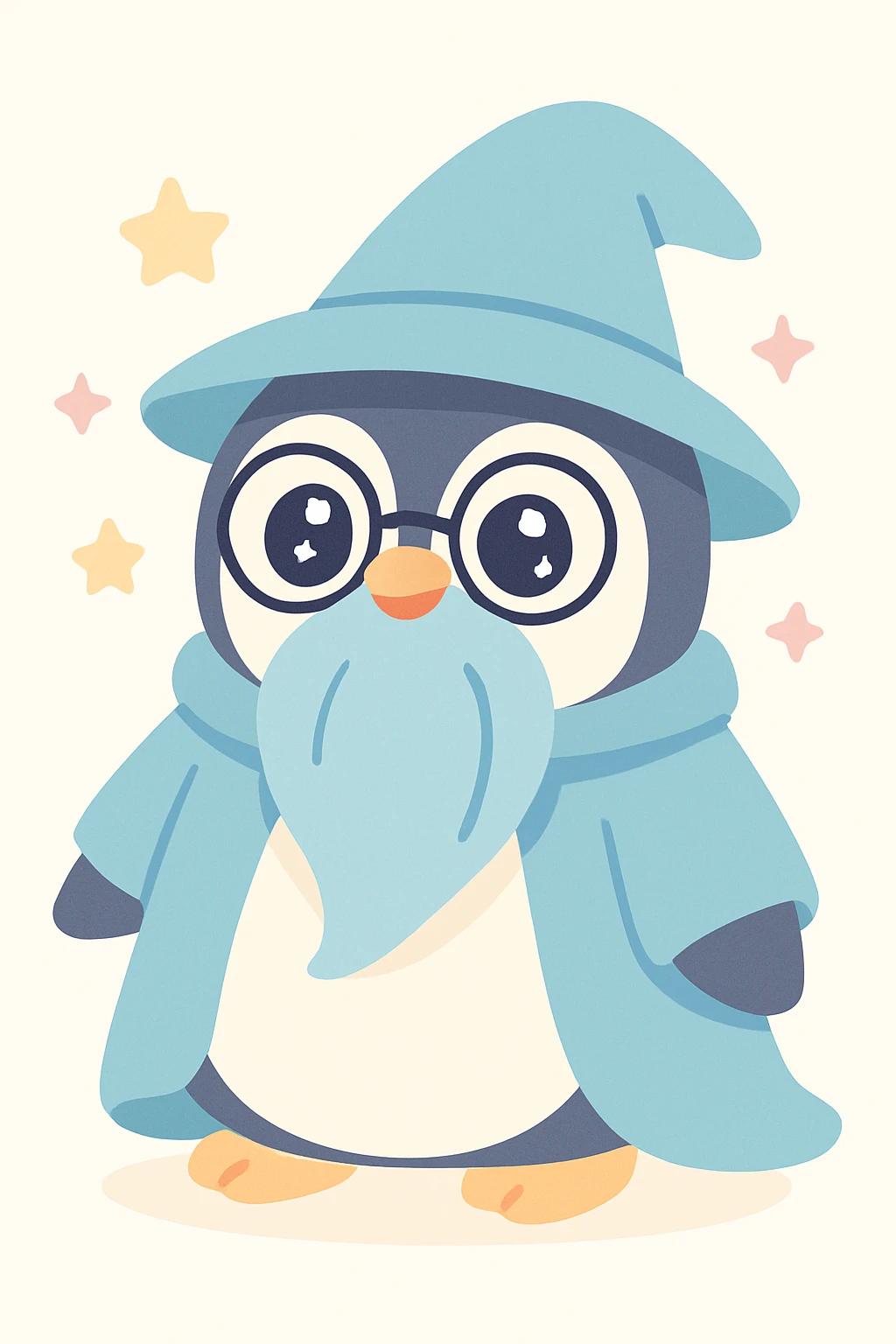 a chubby penguin wizard with glasses, a long beard, and a blue cloak, in a fantasy illustration style emoji