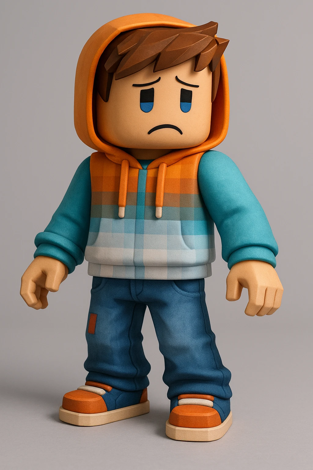 Edit the character in the reference image to have a sad expression, keeping the original Roblox style, outfit, and face color exactly as in the reference image. emoji