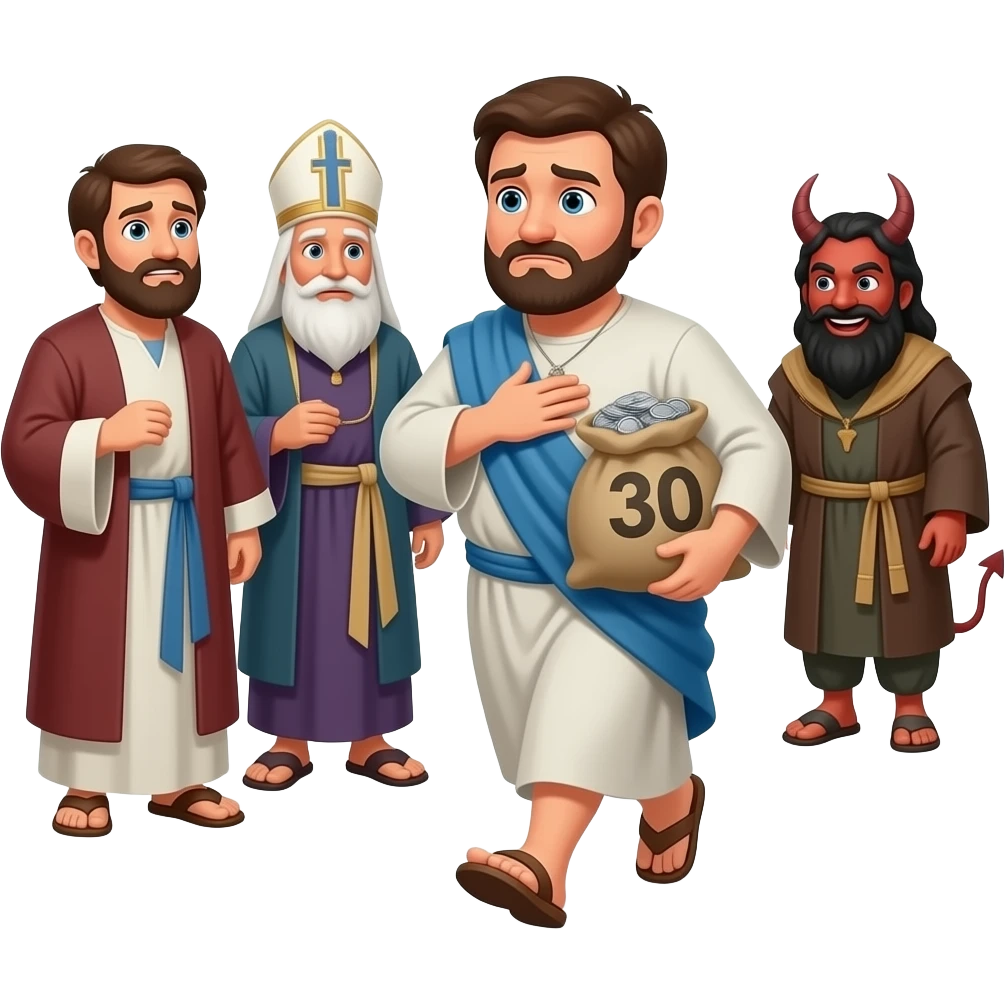A full bodied short hair man, wearing old clothing from biblical times , holding a sack of 30 silver coins closely to him with a nervous look on his face , walking away from isrealite and religious leaders with satisfied faces and Satan grinning and lurking near by emoji