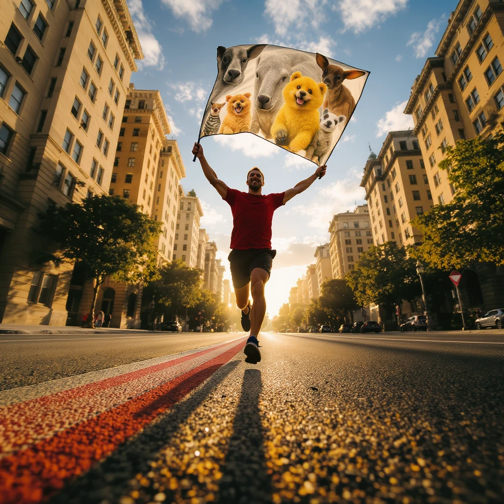 happy runner waving a flag of animals emoji