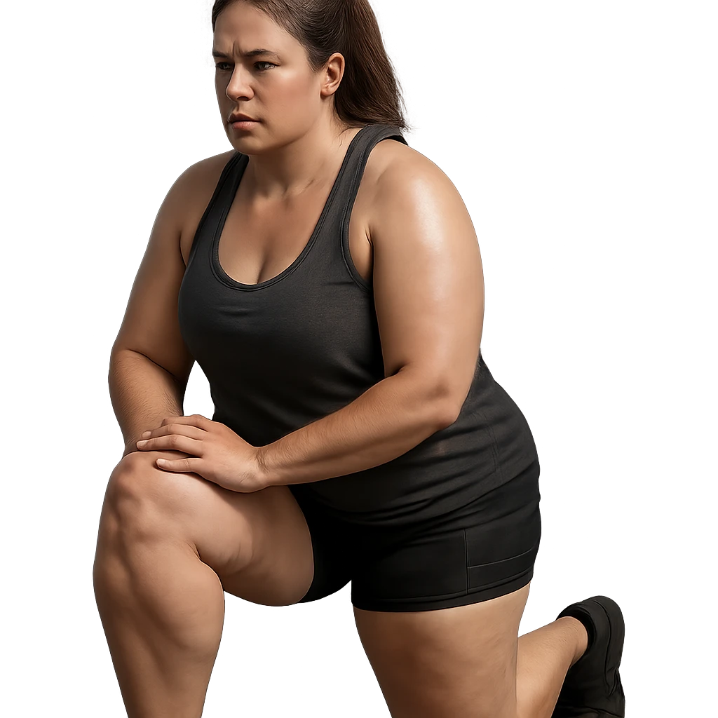 hyper realistic 4K woman doing lunges, fat on thighs and legs, normal physique, muscular details, effort atmosphere emoji