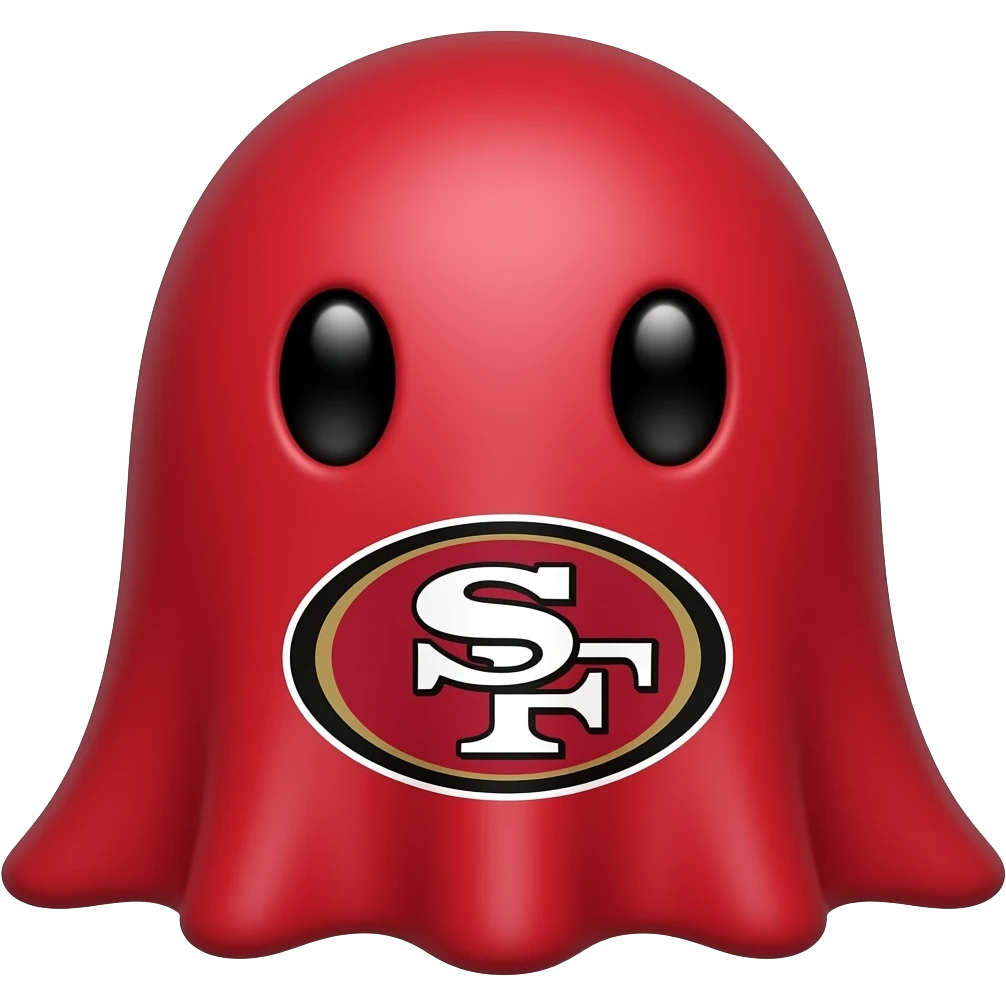 Kawaii solid red ghost with black eyes and San Francisco 49ers logo on its body emoji