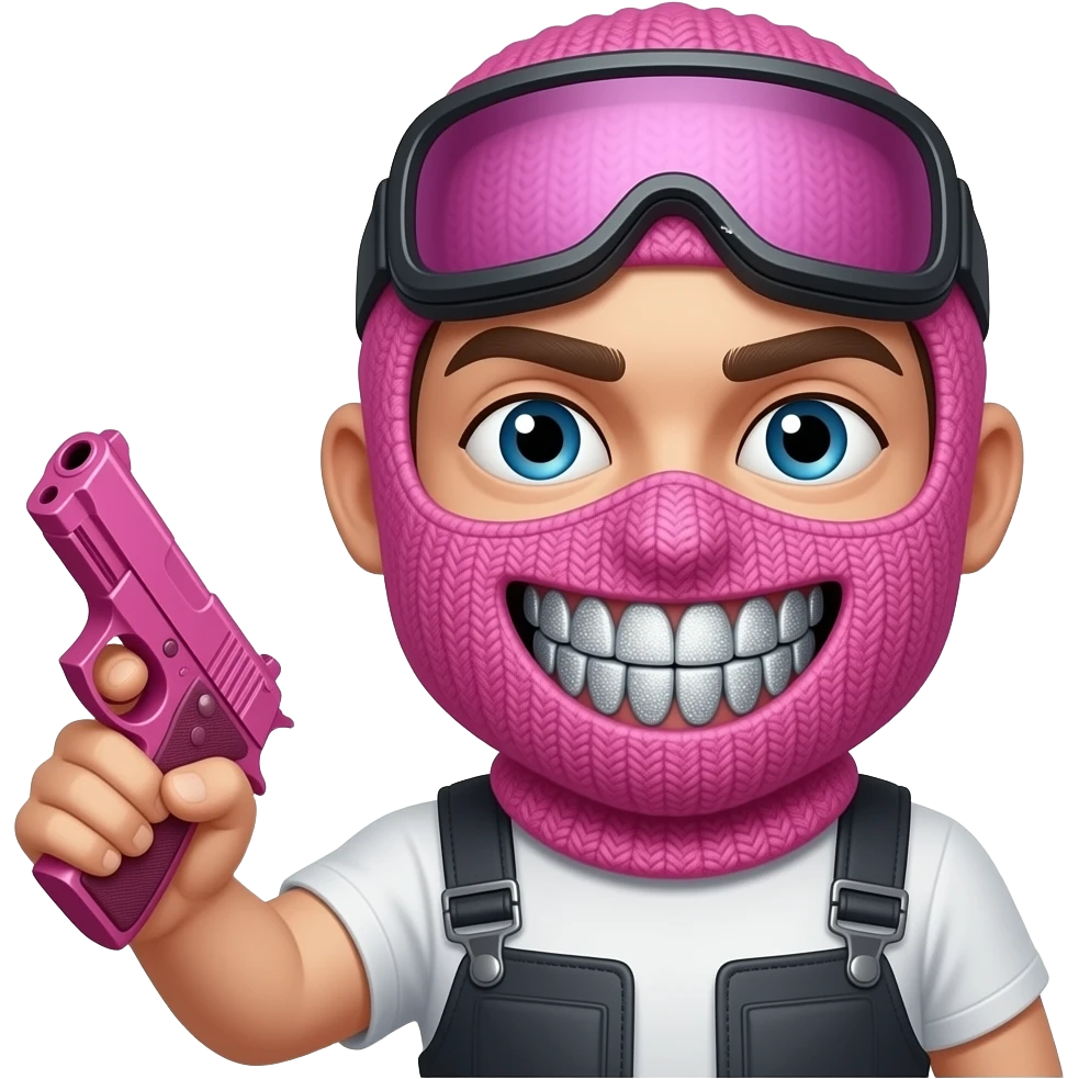 Smiley face with grillz, wearing a pink ski mask. holding a pink gun emoji