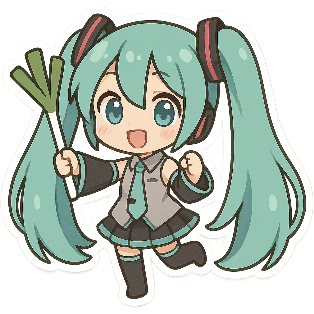 Hatsune Miku chibi style, oversized turquoise hair, cute pose, holding a leek emoji