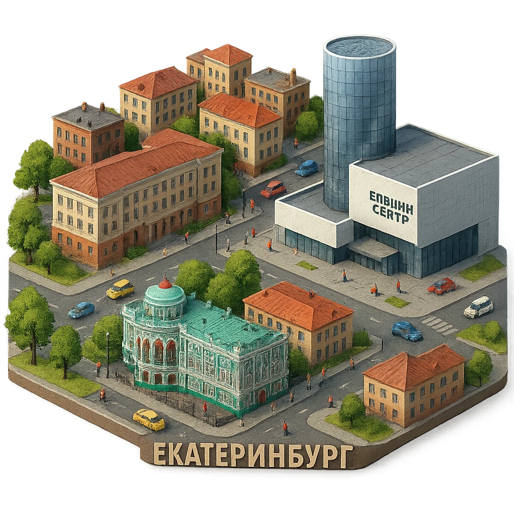 Изометричная миниатюрная фотореалистичная 3D модель Екатеринбурга - Дом Севастьянова, Ельцин-центр, Уральский федеральный университет, дома, четкая детализация, яркие цвета, мультяшный реализм, люди, автотранспорт, компактная композиция, вид сверху в изометрии, прозрачный фон emoji