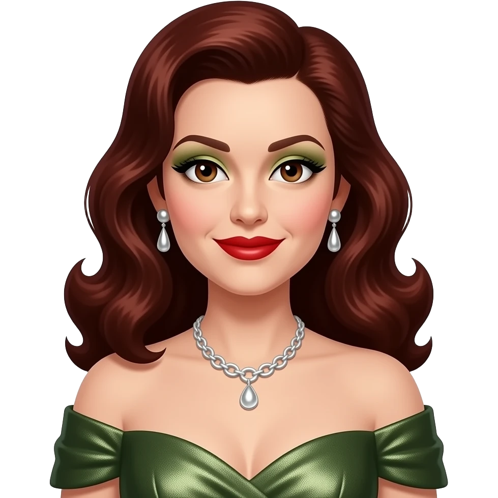LaVerne Andrews from The Andrews Sisters with brown eyes, long dark red hair, olive eyeshadow, red lipstick, olive metallic off shoulder dress, silver necklace and earrings emoji