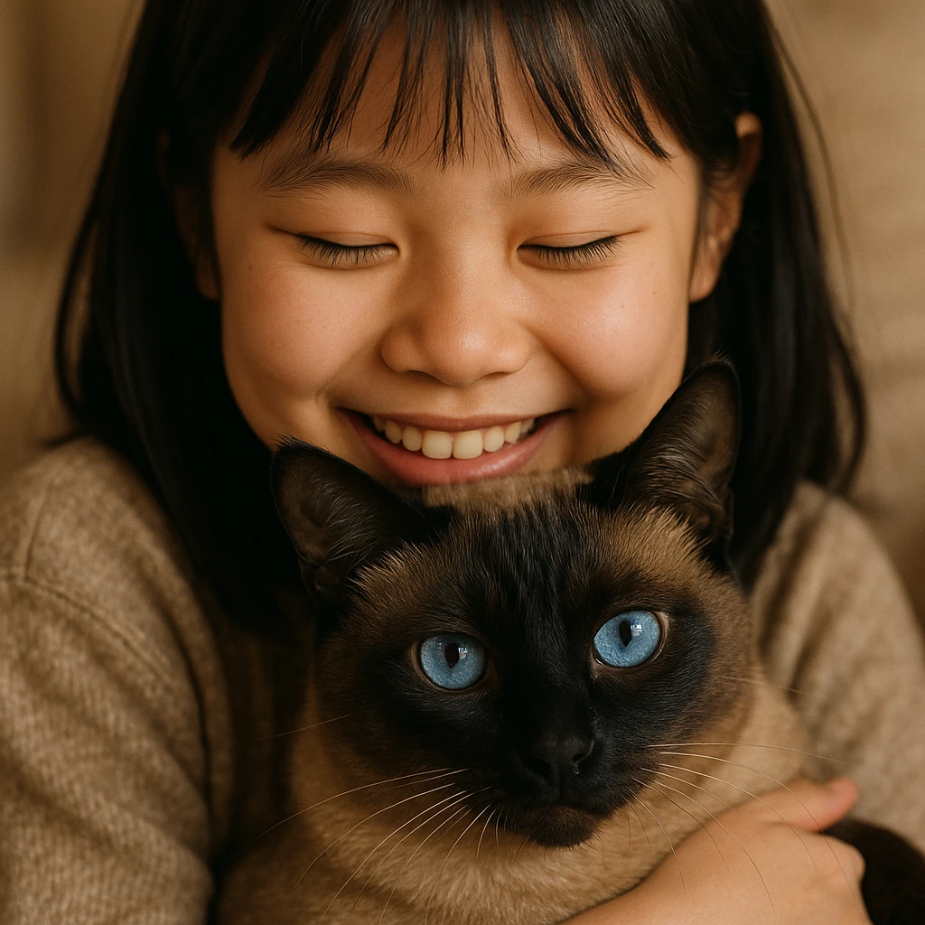 Smiling Asian girl cuddling her dark Siamese cat, cat with blue eyes, close-up, heartwarming scene emoji