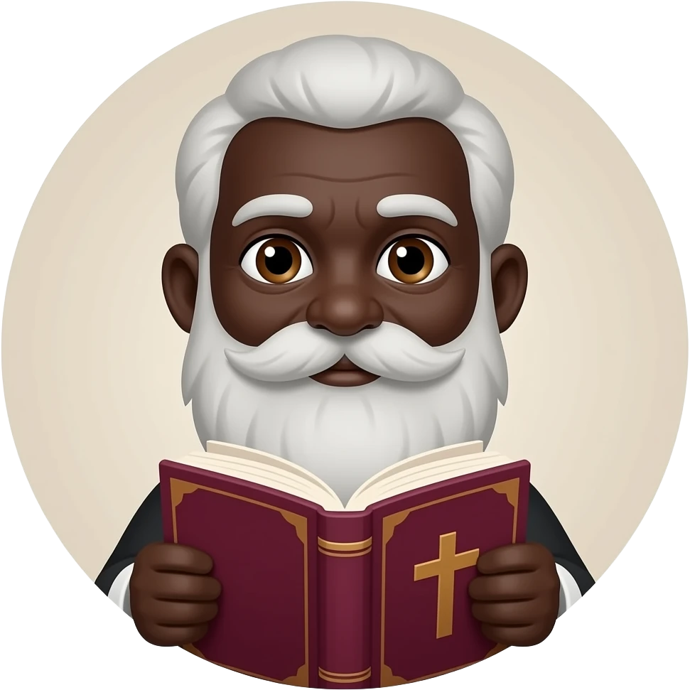 wise old man with greying white hair brown eyes white beard black skin with burgundy book that has a cross on it no circle emoji