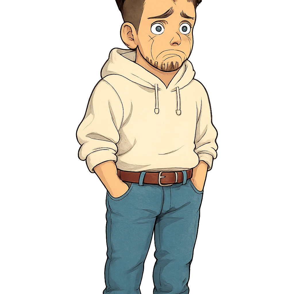 1 male, mid fade haircut dark chestnut brown curly hair, toasted lightskin, white hoodie sleeves up, fashion jeans, red fashion-sneakers shoes, red belt, short trimmed beard and goatee,  style of deku from "my hero academia", FACIAL EXPRESSION IS VERY SAD, TEARS WELLING UP emoji