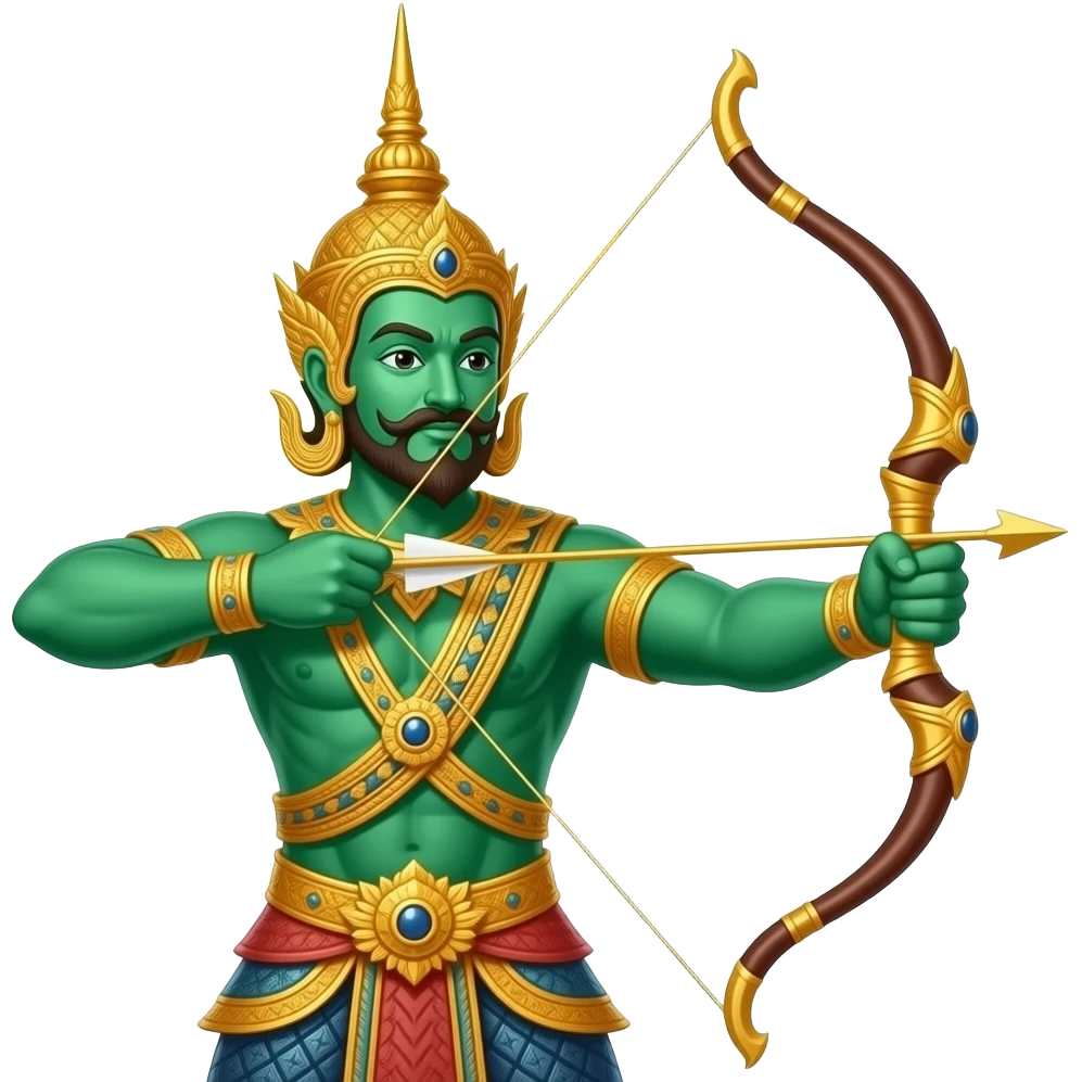 Phra Ram, the divine King with emerald green skin, aura of glowing gold, holding a celestial bow, majestic expression, royal Thai traditional crown and armor, serene yet powerful, sacred light emanating. emoji