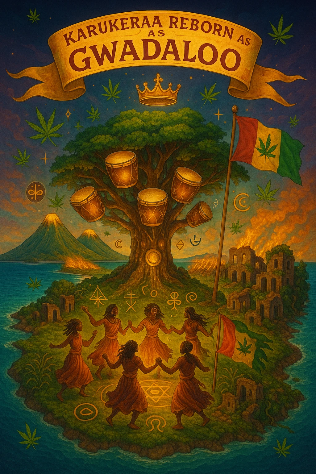 Create a powerful, surreal vision of the Caribbean island Guadeloupe, reimagined as ‘Guadeloupe' — its sacred, sovereign identity restored. The island is lush, tropical, and volcanic, with two green volcanoes glowing golden at the peaks. In the center stands a giant mystical Drum Tree, its branches bearing carved drums instead of fruit, glowing with rhythmic light. Ancestral spirits of African and indigenous lineage dance in a circle around the tree, surrounded by floating ganja leaves and sacred symbols. Sugarcane fields burn gently in the background, symbolizing the end of colonial suffering. Ruins of colonial buildings crumble into the earth, reclaimed by vines and jungle. Above the island, a glowing banner in the sky reads: ‘Karukera reborn as Gwadaloo.’ A ganja-leaf flag waves high in red, green, and gold, and a golden Creole crown floats in the sky above the island — not worn by any man, but held in rhythm. The ocean is turquoise, the light is divine, and the entire scene radiates spiritual victory, cultural remembrance, and cosmic rhythm. Use a warm, cinematic palette of golds, greens, blues, and purples. Style should feel epic, sacred, and symbolic — a rebirth of Caribbean power. emoji