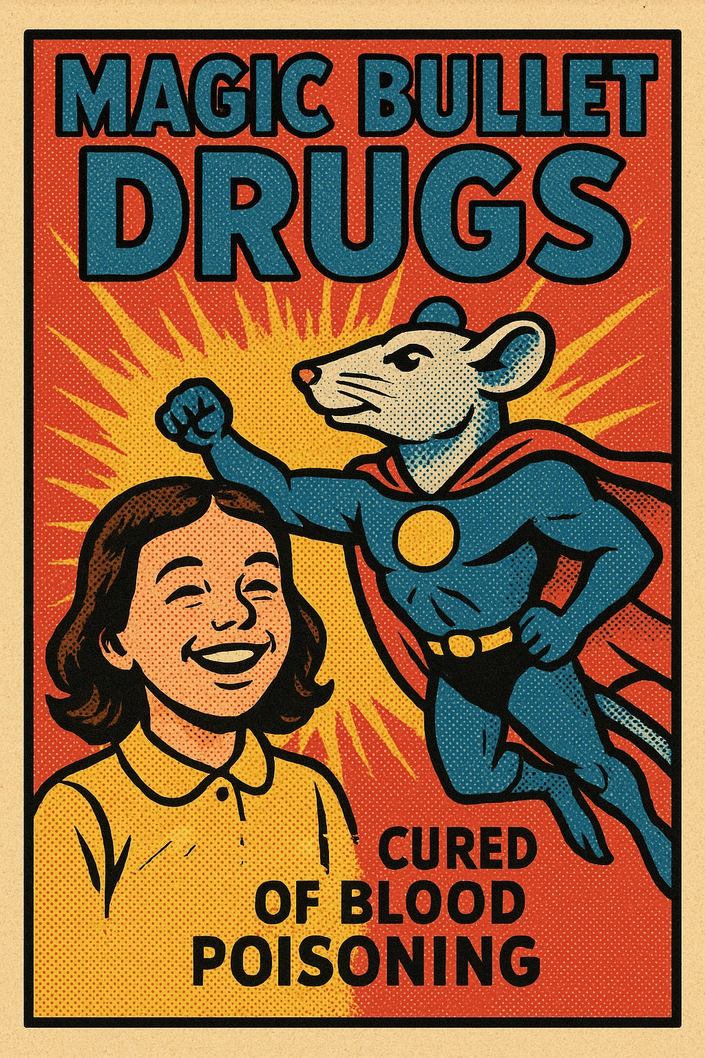 A poster titled 'Magic Bullet Drugs' with an image of a young girl smiling as she has been cured of blood poisoning with a superhero lab rat emoji