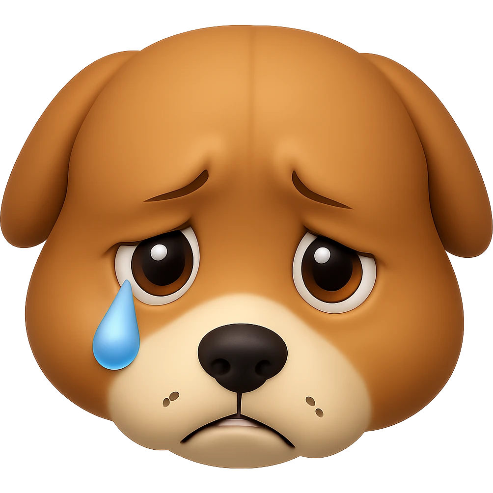 Create an emoji style image of a dog with an even sadder look, head lowered further, moist eyes with a tear, and a very sad expression. The background should be transparent. The style should resemble apple style emojis with concise details. emoji