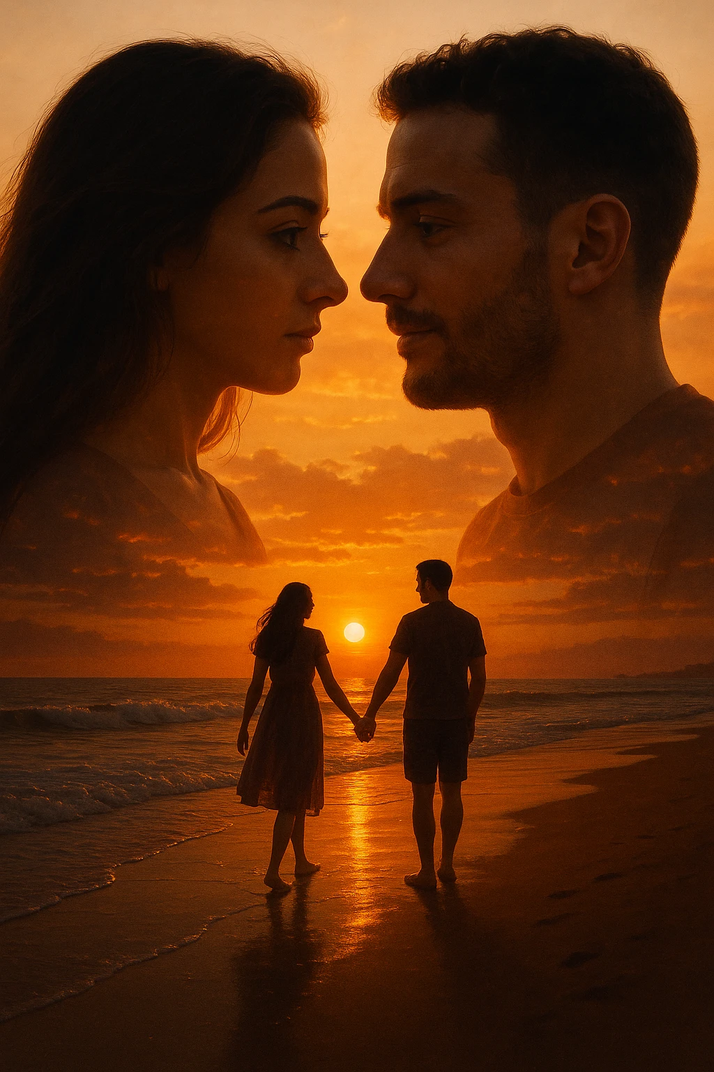 Una doppia esposizione cinematografica di noi di profilo, con un paesaggio di spiaggia al tramonto integrato nella silhouette.
La scena interna ci mostra entrambi camminare sulla sabbia bagnata, tenendoci per mano, con le onde del mare che si infrangono è facile e un cielo colorato dagli ultimi raggi di sole. Atmosfera calda e intima, toni dorati arancioni, dettagli fini ed espressivi, risoluzione 8K. emoji