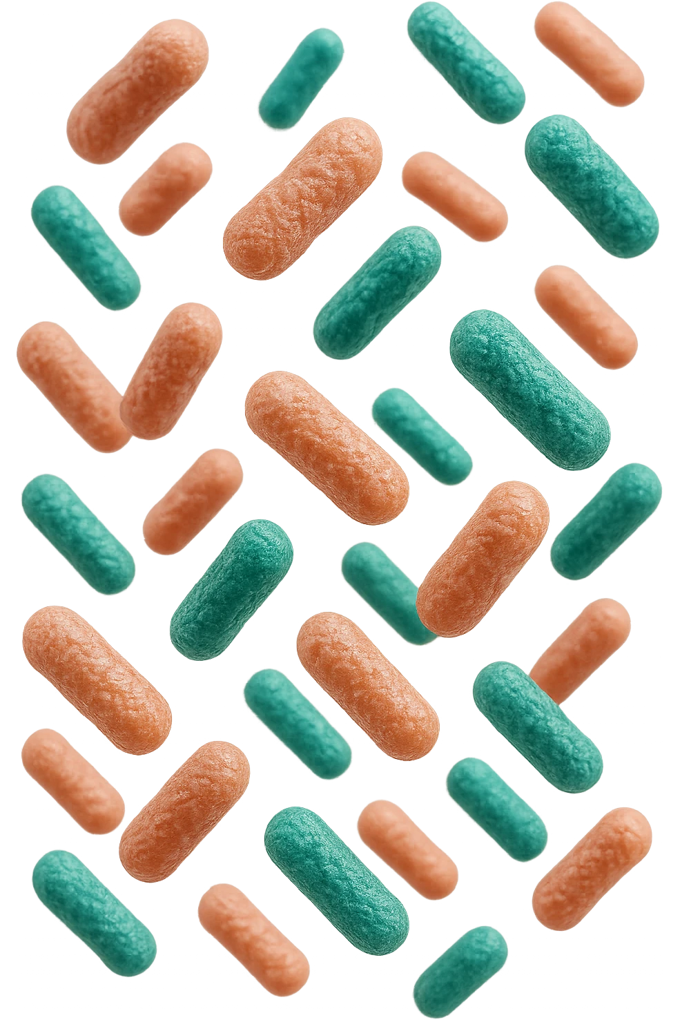 batteri intestinali rosa salmone e turchesi fluttuano in aria, iperrealistici 4k emoji