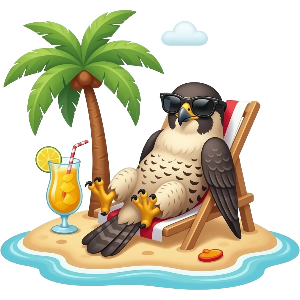 falcon sunbathing on an island on the beach with a pinacolada and sunglasses emoji