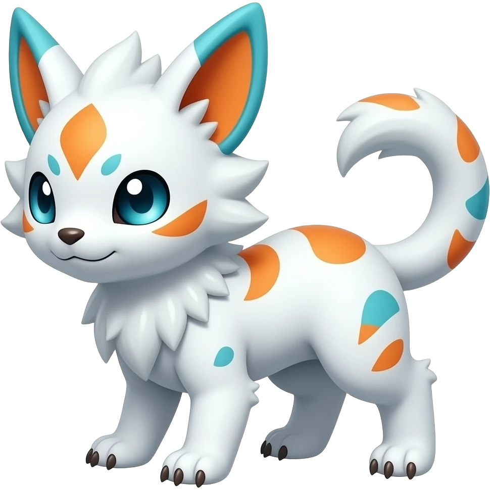 Rare realistic exotic cute white gloomy whitish and orange and cyan epic pretty beautiful handsome gorgeous aesthetic colorful vibrant Vernid-Trico-species-Fakemon-Salandit-hybrid-creature by LiLaiRa, 4 legs, 1 tail, random markings, (full body) emoji
