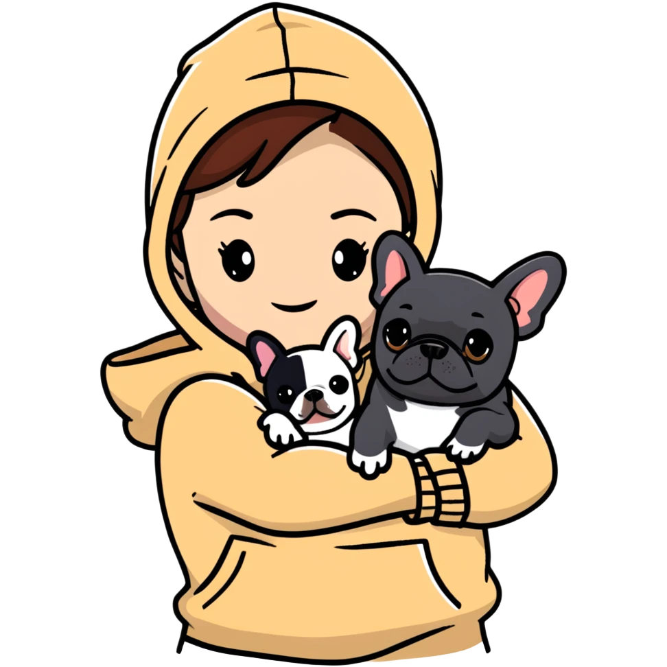 A brown haired girl wearing a beige hoodie is holding two French bulldogs, one beige and one black emoji