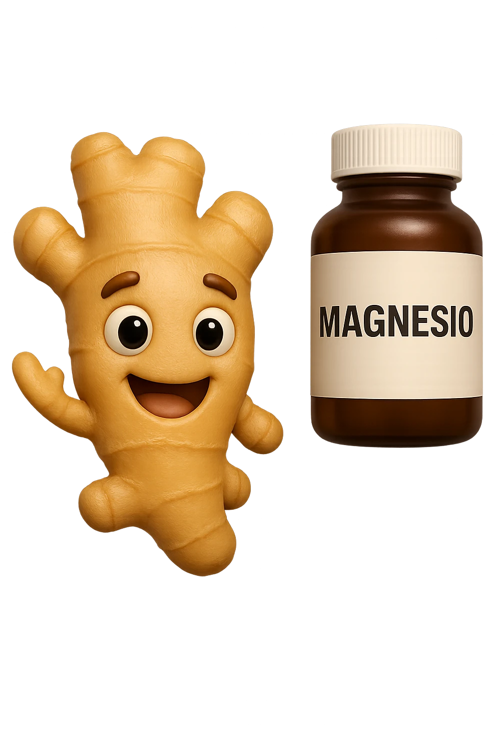 emoji stile iphone 3d di un pezzetto di zenzero e una boccetta di magnesio con la scritta "MAGNESIO" SULL'ETICHETTA CHE FLUTTUANO IN ARIA, iperrealistico 4k emoji